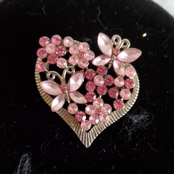 Vintage Jewelry Vintage Butterfly Heart Brooch Pink Rhinestones On